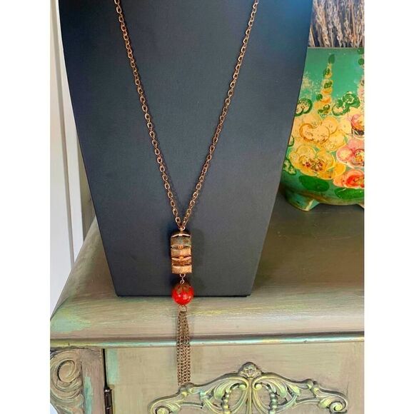 Vintage Red Glass Bead and Brass Tassel Necklace, Unmarked - Picture 2 of 3